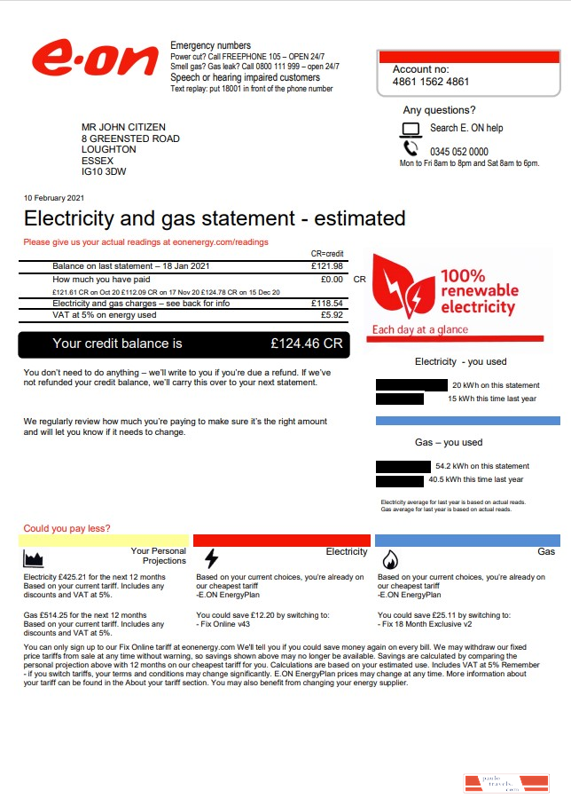 United Kingdom E.ON utility bill template in Word and PDF format, version 3 2